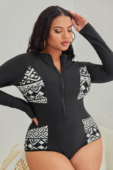 Plus Size Geometric Print Zip-Front One-Piece Swimsuit